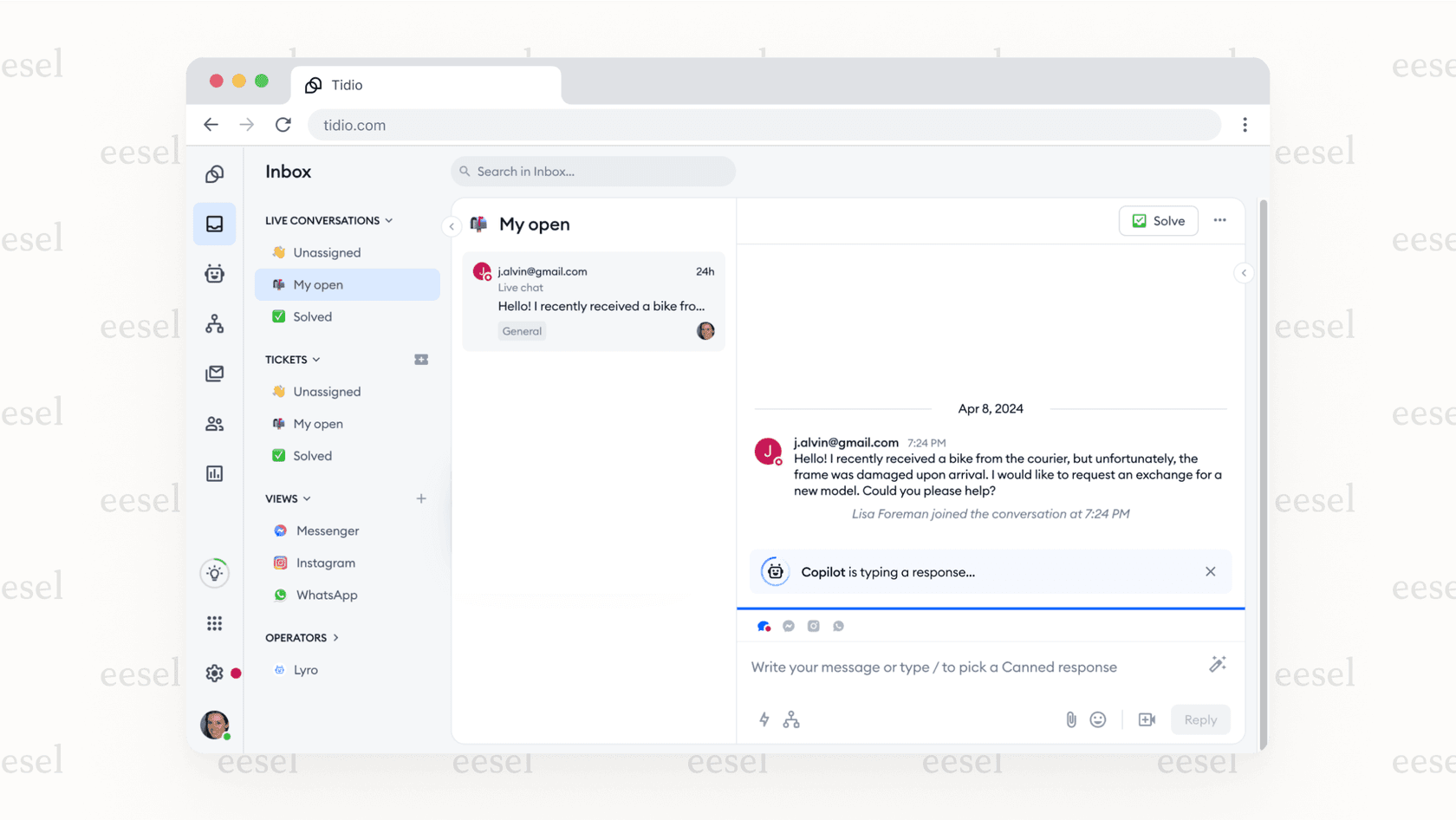 A screenshot of the Tidio agent dashboard where a customer chat is active. On the side, the Copilot panel shows a suggested reply, which the agent can click to use, demonstrating the Tidio AI chatbot