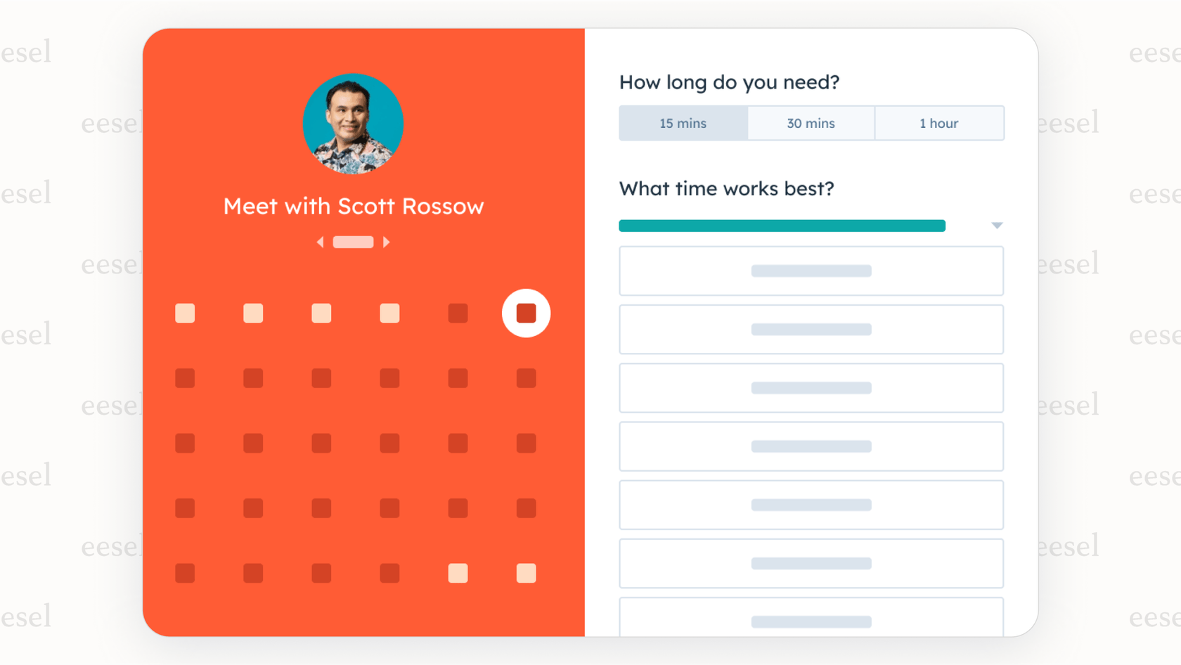 A view of the HubSpot AI Chatbot showing an integrated calendar to a user, allowing them to book a meeting directly in the chat window.