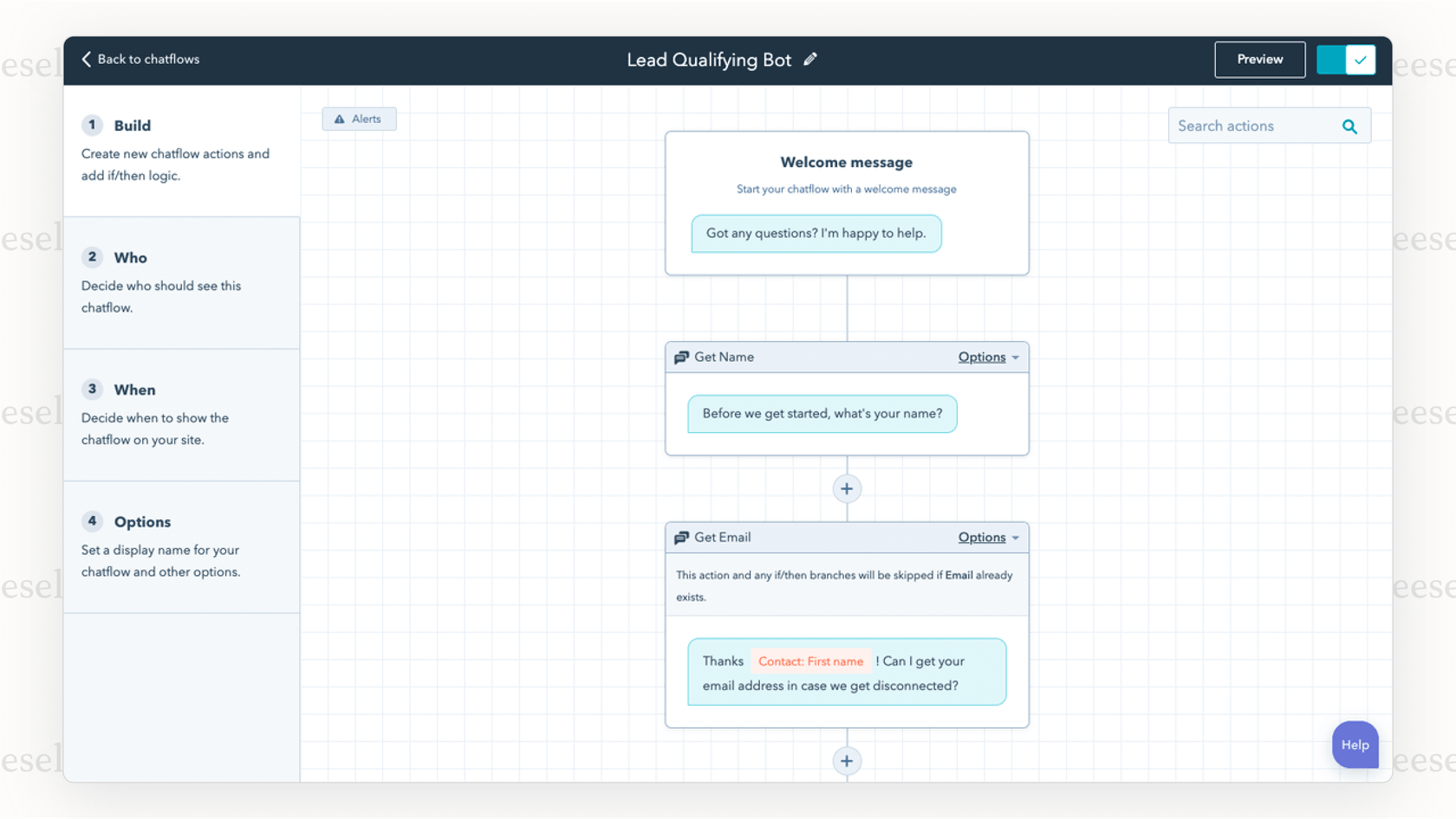 A screenshot of the HubSpot AI Chatbot builder, demonstrating its drag-and-drop interface for creating conversational workflows without code.