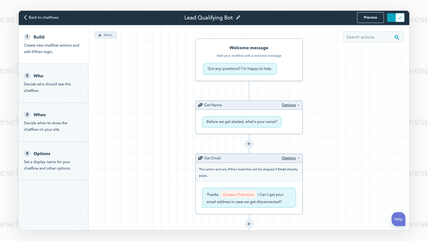 A screenshot of the HubSpot AI Chatbot builder, demonstrating its drag-and-drop interface for creating conversational workflows without code.