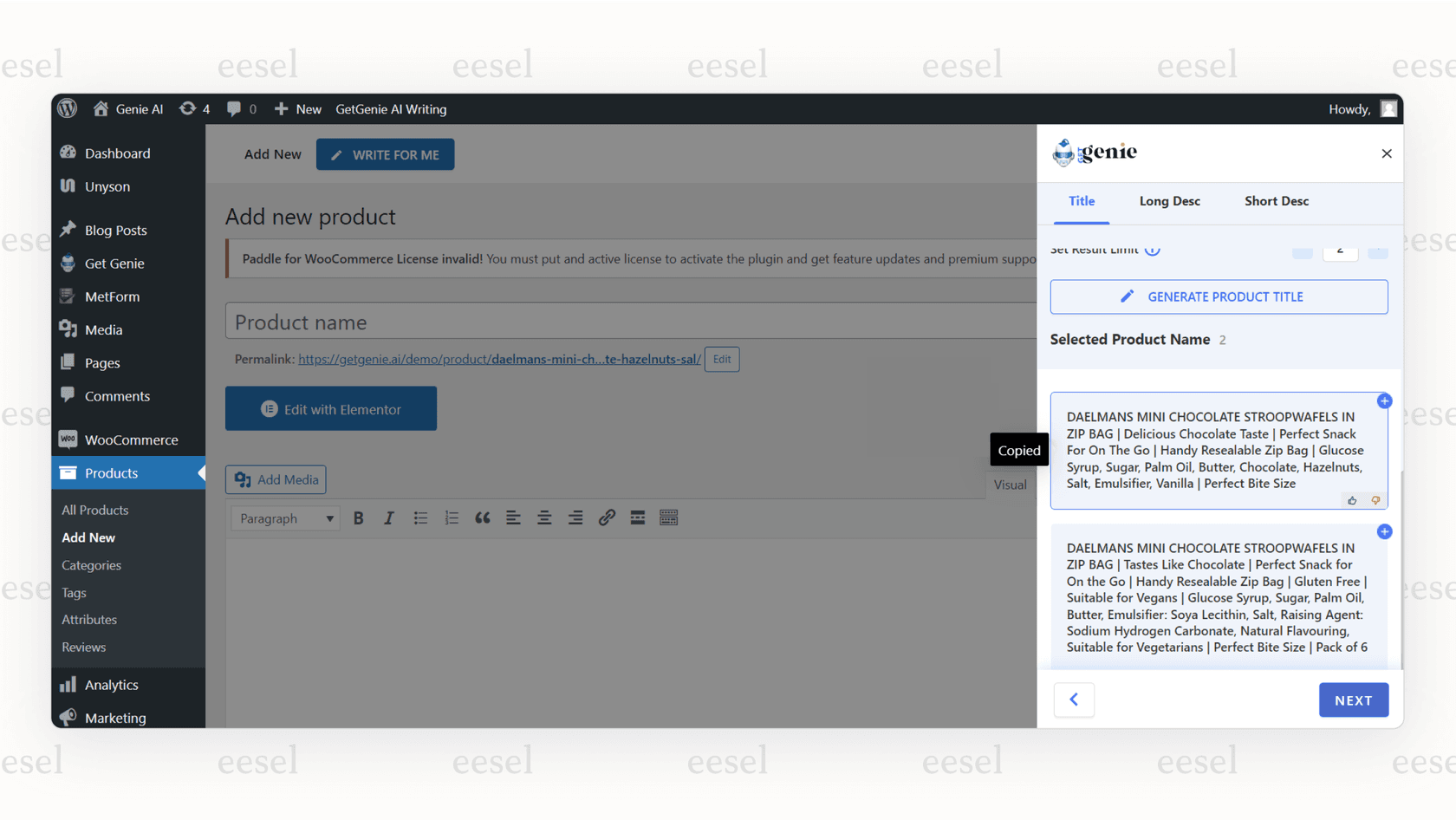 A close-up screenshot of the GetGenie WooCommerce AI plugin