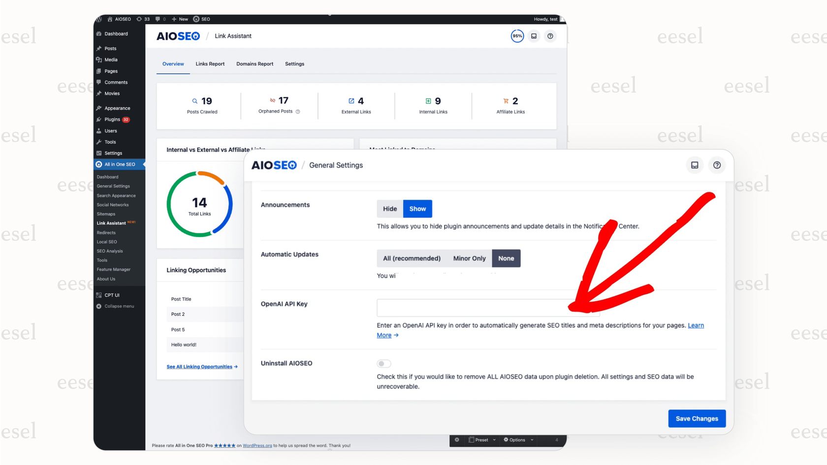 Screenshot of AIOSEO plugin in WordPress generating AI-powered meta descriptions for SEO optimization.