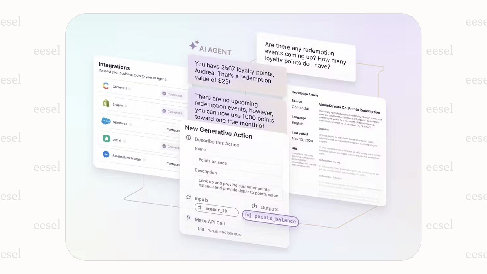 Interface showing Decagon AI integrations with customer service tools and a generative AI action responding to a loyalty points query.