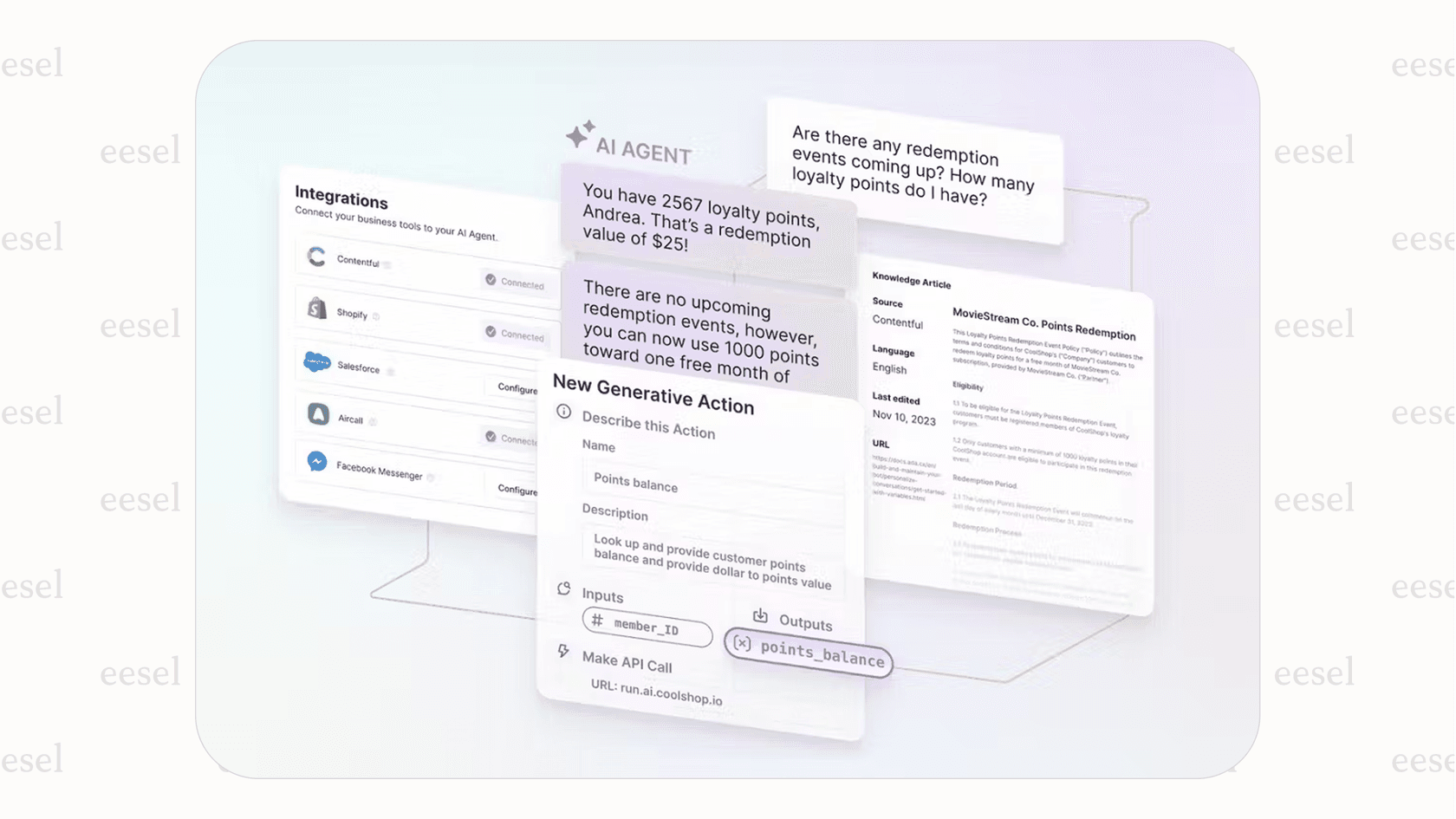 Interface showing Decagon AI integrations with customer service tools and a generative AI action responding to a loyalty points query.