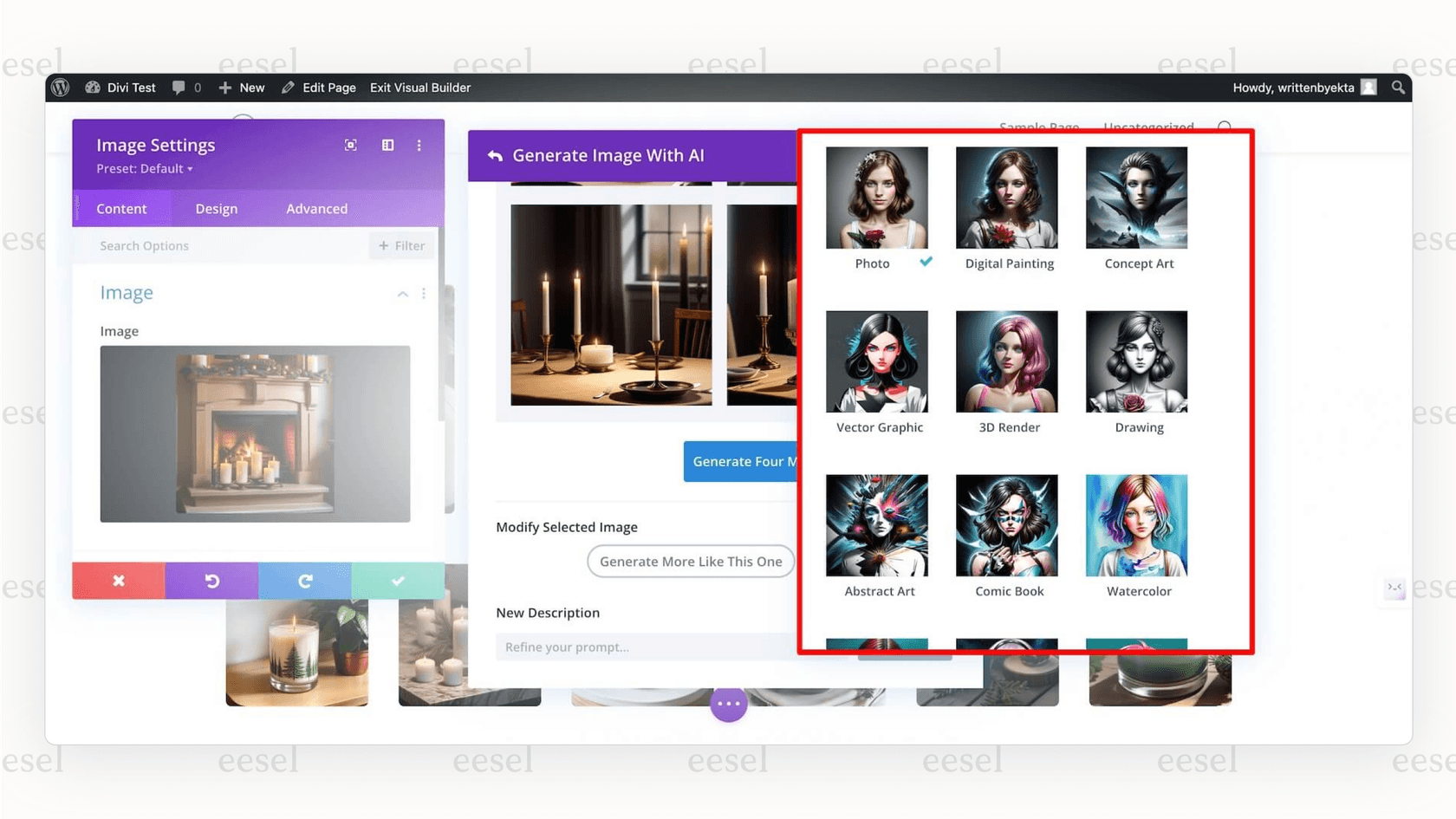 Screenshot of Divi AI interface in WordPress generating AI images for a website design.