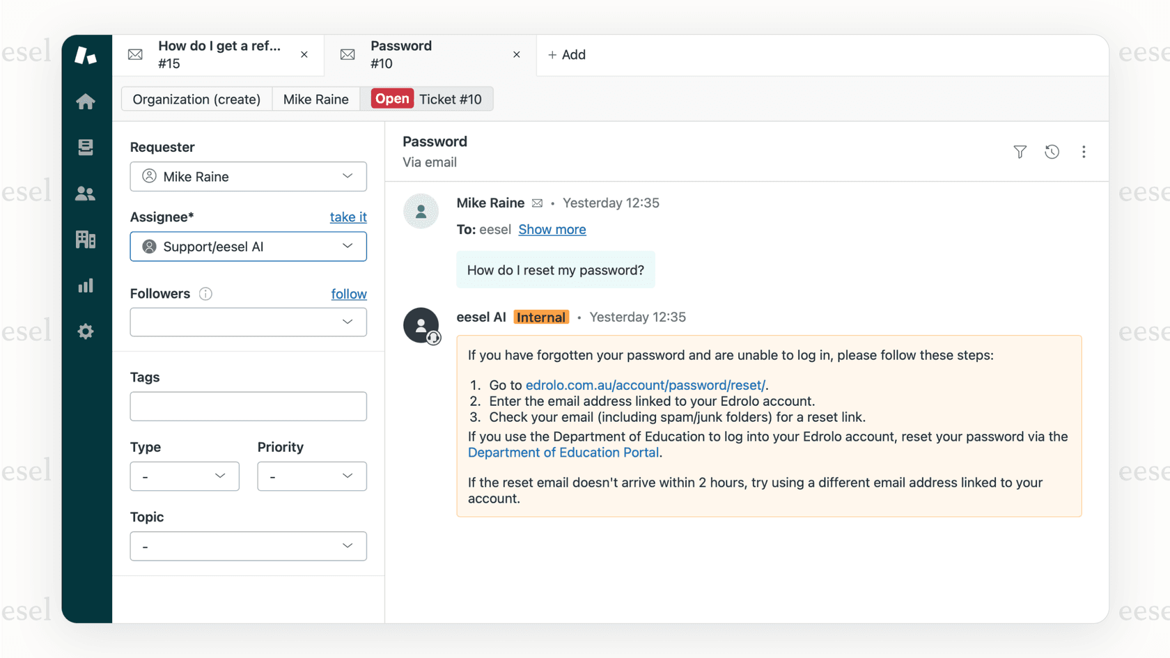 Screenshot of Eesel AI integrated with a ticketing system to assist with Shopify store-related support queries.