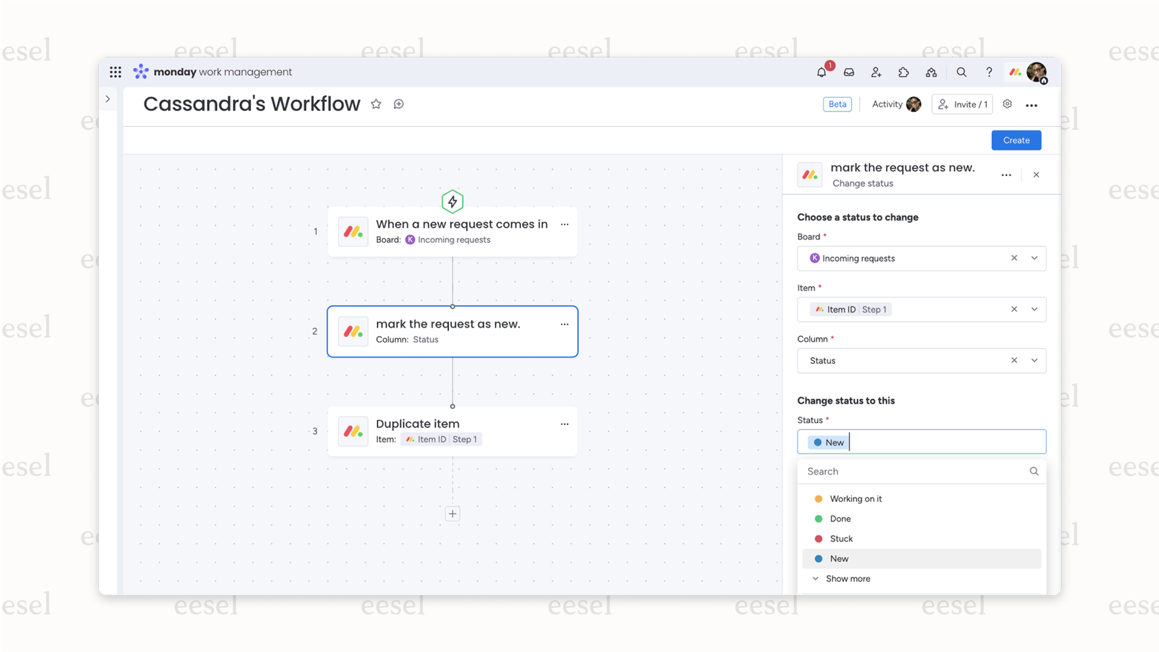 A user setting up an automation with the monday.com AI assistant.