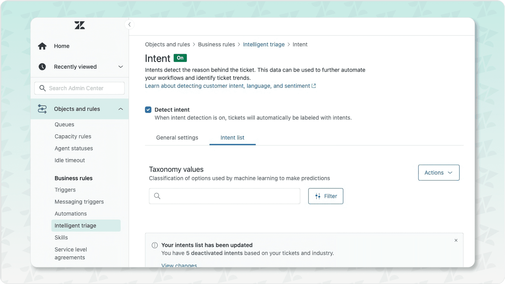 Zendesk Admin Center showing Intelligent Triage settings