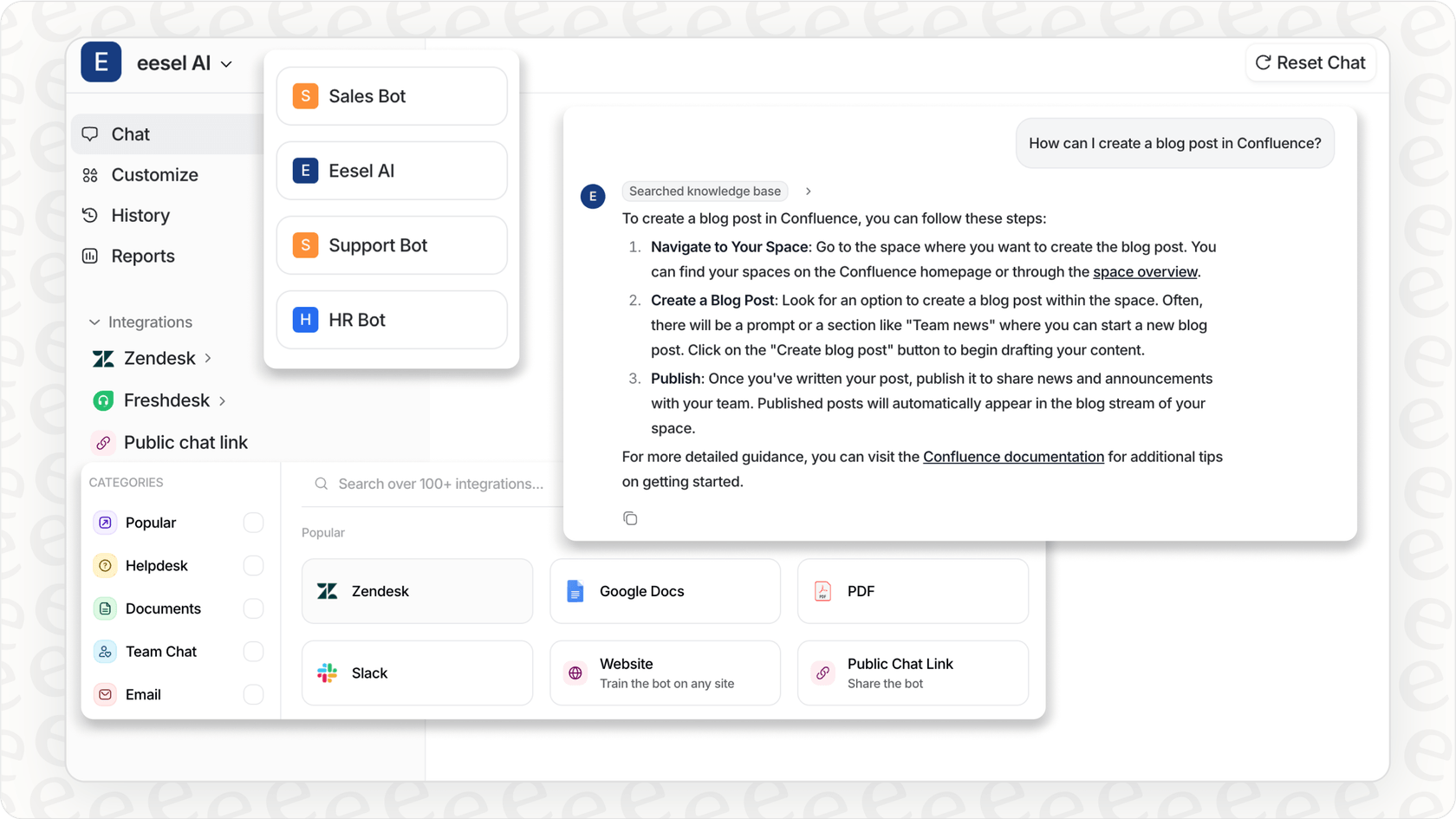 painel de controle eesel AI para construir agentes de IA práticos.