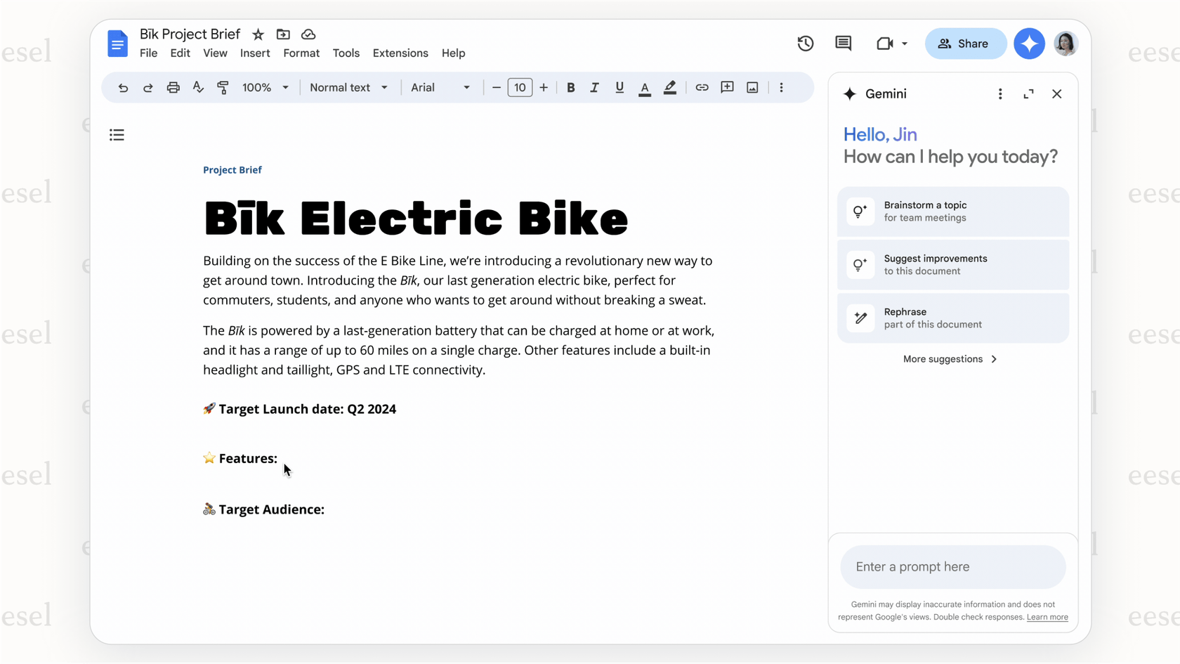 Generating an outline using the Google Docs AI.