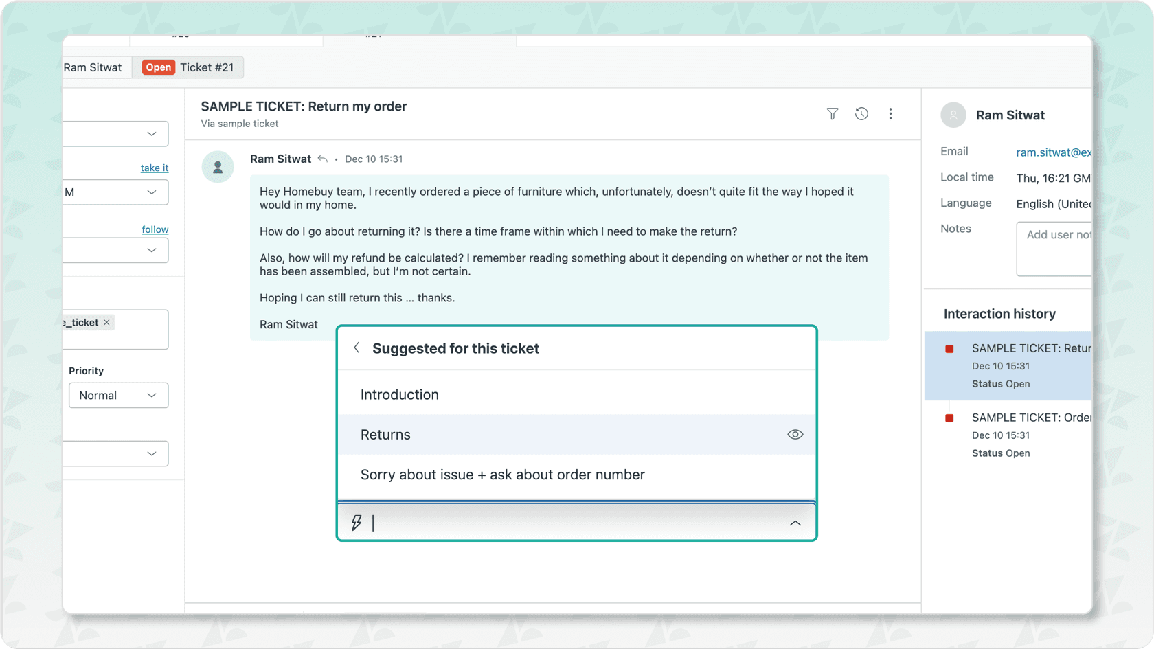 Zendesk Agent Workspace with Suggested Macros for quick responses.