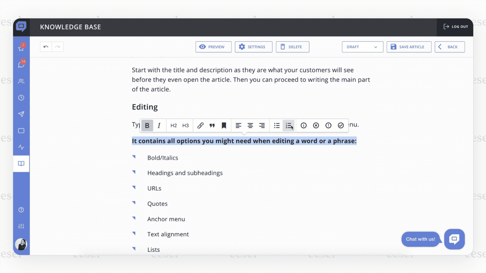 Der KI-Editor der Wissensdatenbank in HelpCrunch.