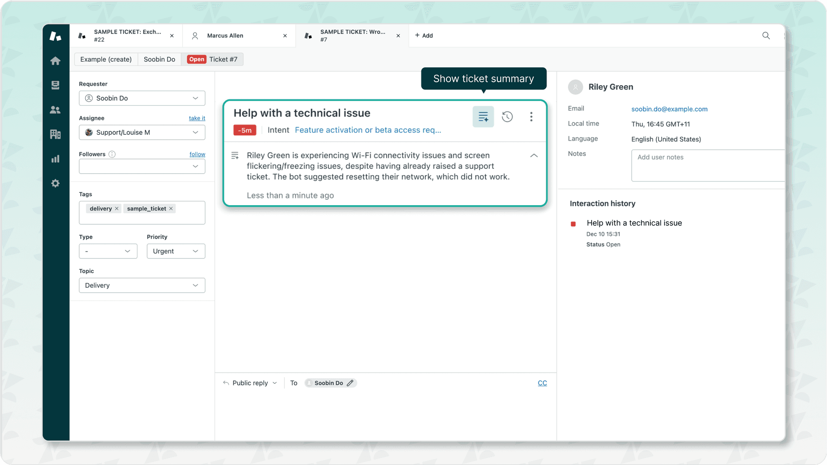 Zendesk Agent Workspace showing an AI-generated ticket summary as one of Zendesk AI capabilities..