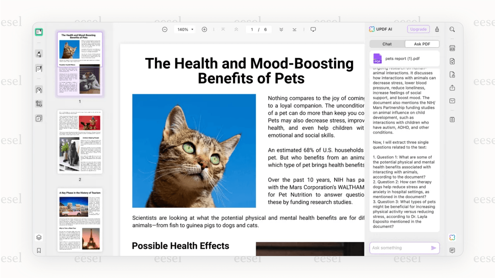 The UPDF editor interface with its built-in AI PDF assistant.