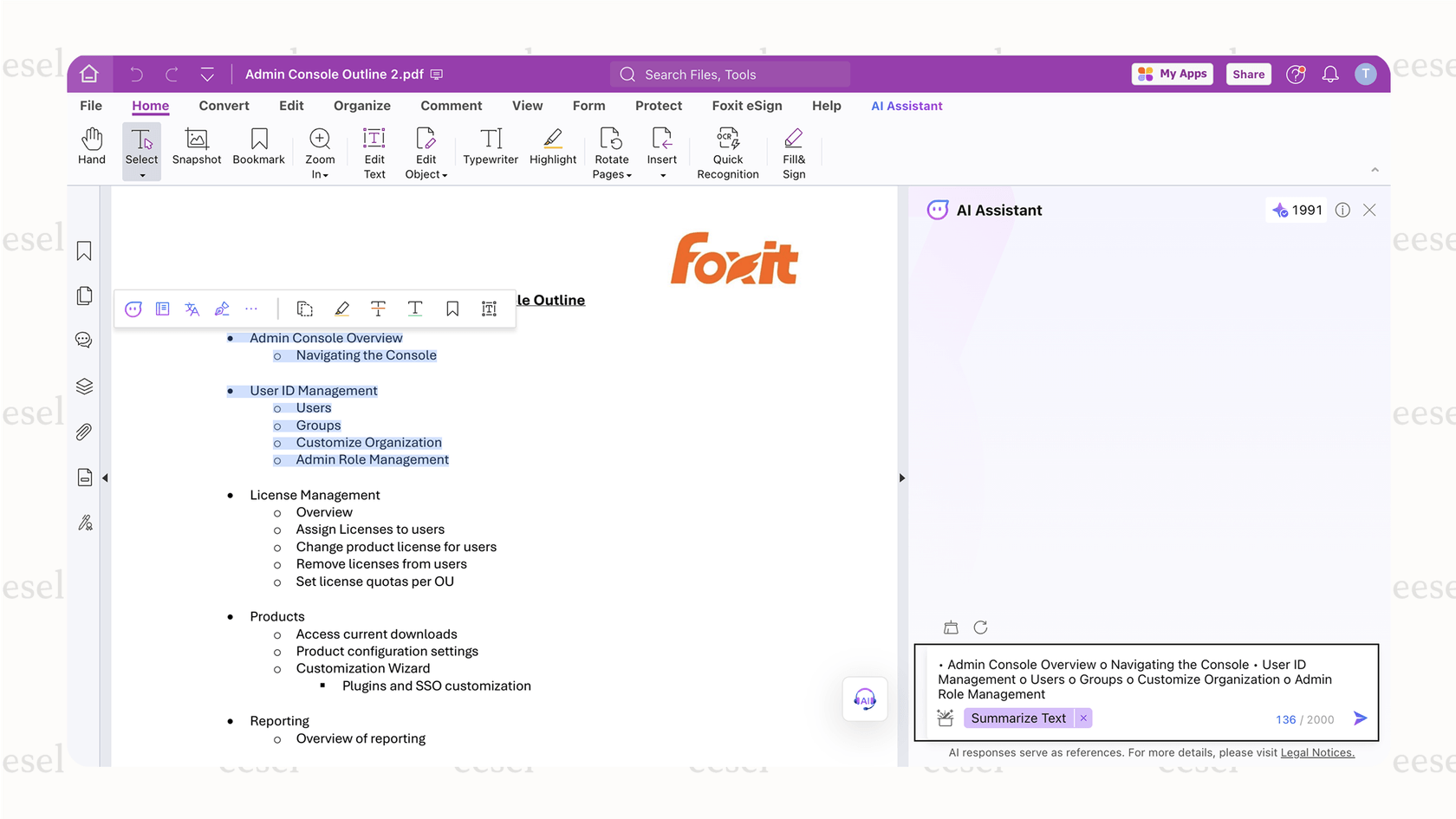 Foxit's AI assistant getting ready to summarize a PDF.