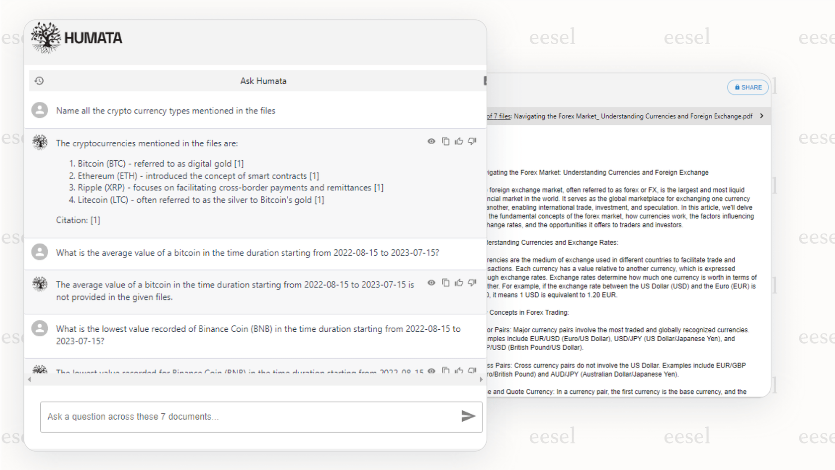 Humata AI's ability to cite sources from several different documents in a single answer.