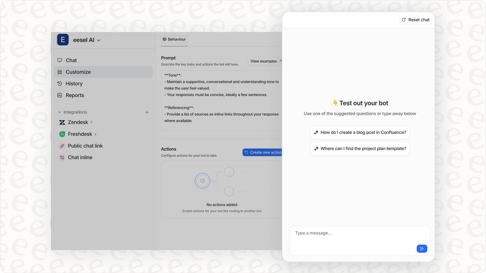 interface de teste do bot eesel AI.