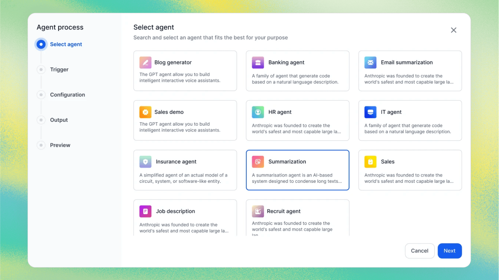 Screenshot of Kore.ai’s agent template library featuring ready-made AI agents for banking, HR, insurance, and sales, designed to speed up bot creation.