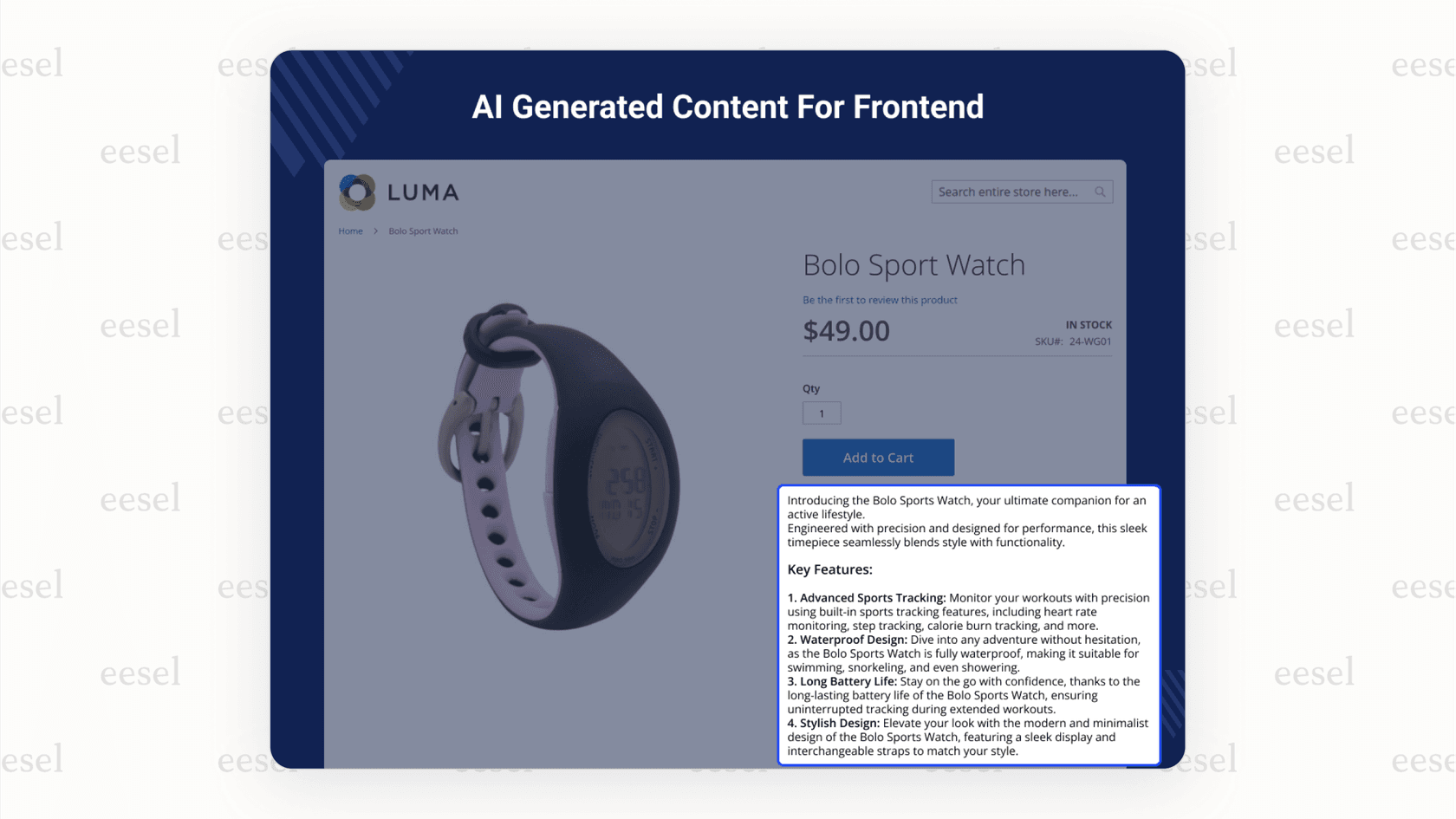 Magento AI content generator by Webkul creating detailed product descriptions for a smartwatch on an ecommerce storefront.