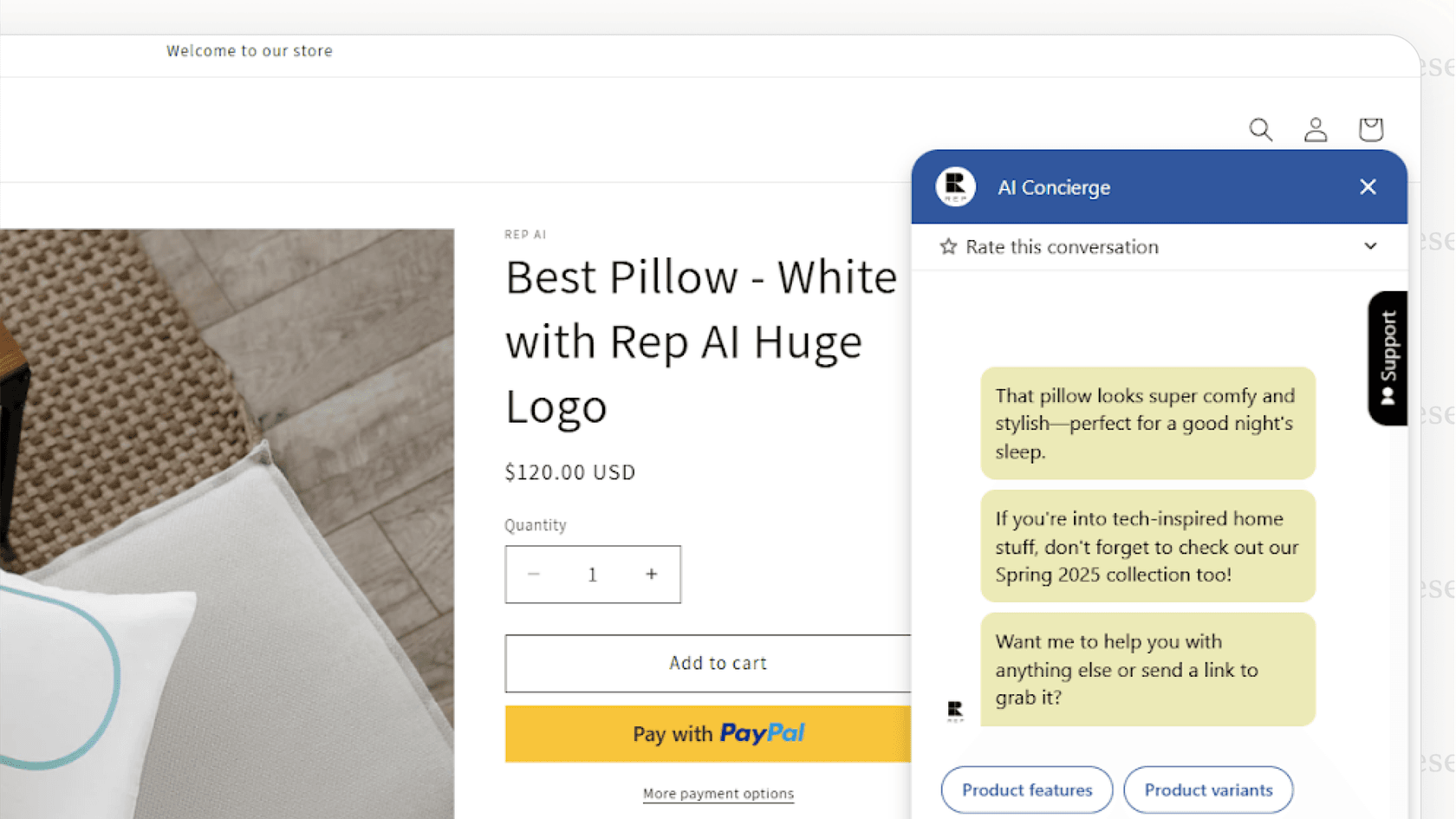 Magento AI chatbot from Rep AI providing product recommendations and upsell suggestions on a pillow product page.