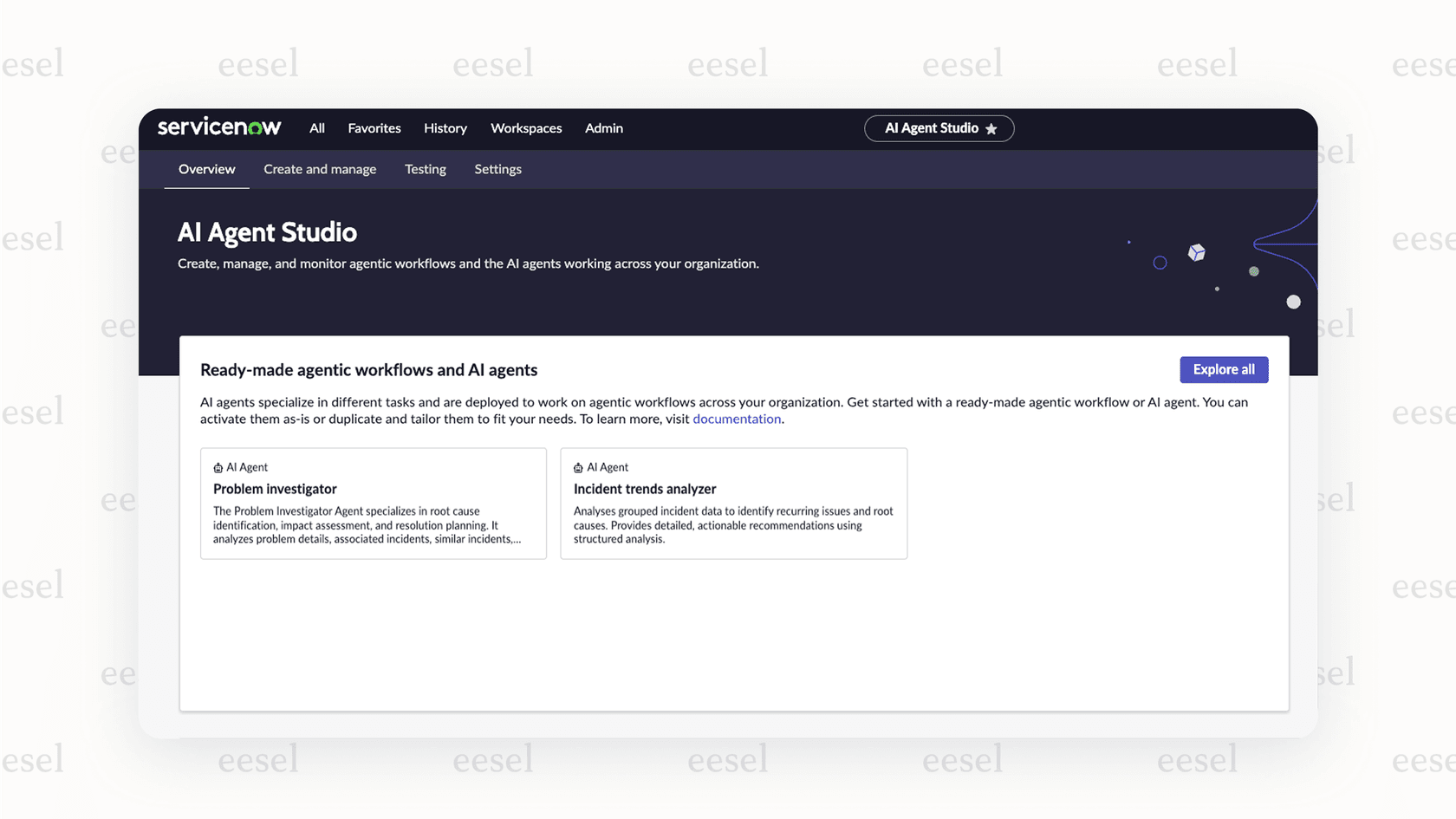 Screenshot of ServiceNow AI Agent Studio for building automated chat workflows.