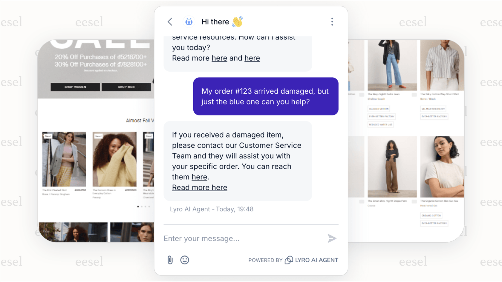 Tidio chat widget on an e-commerce site, showing a customer asking about a damaged order and receiving automated assistance.