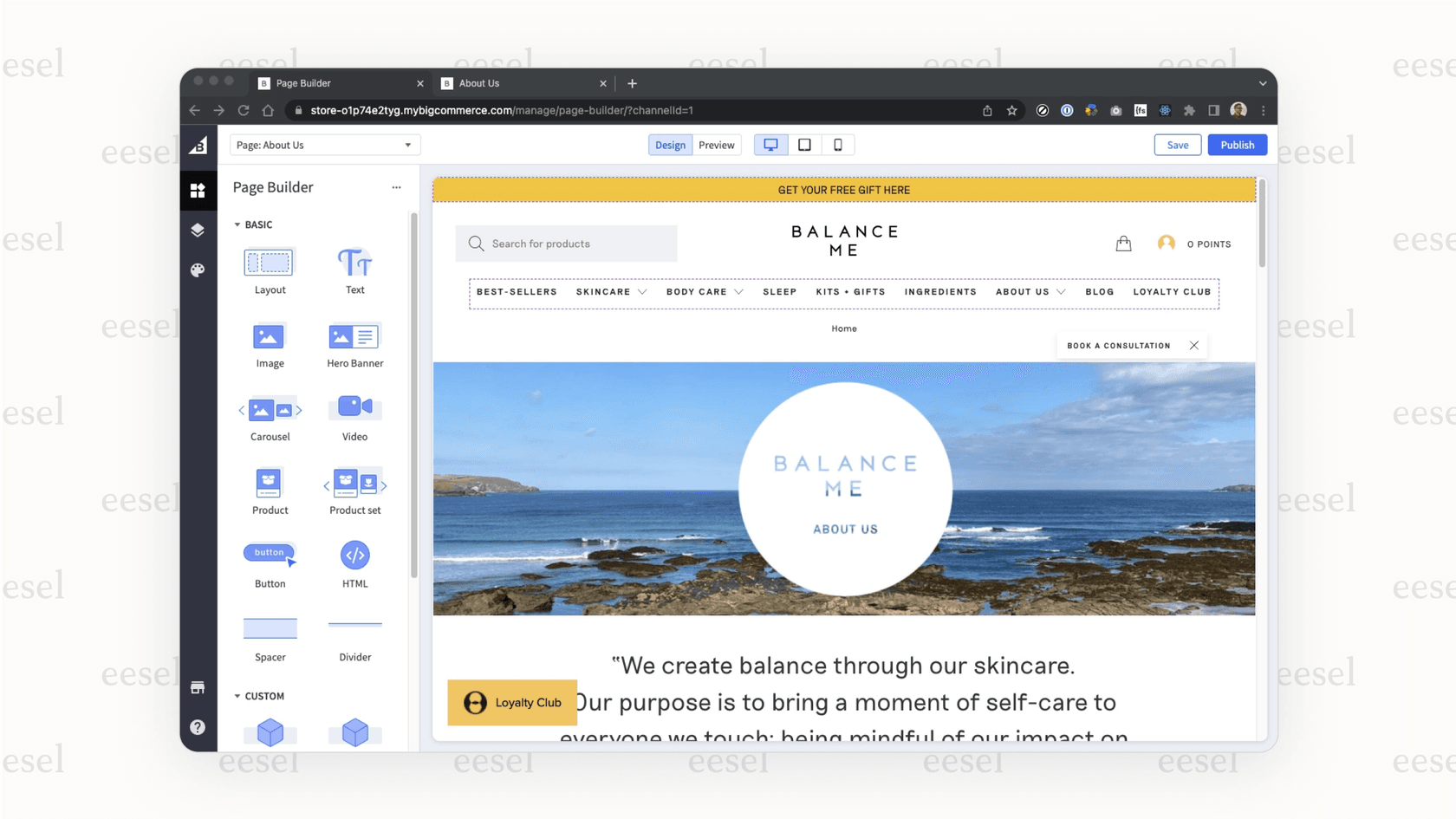 A screenshot of the BigCommerce Page Builder used in our bigcommerce review to show how users can customize their storefront.