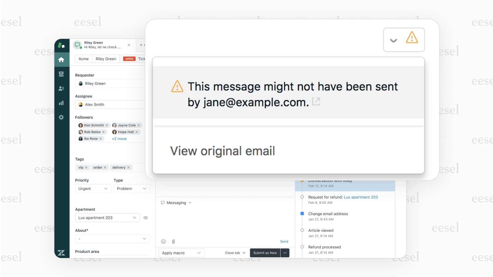 Screenshot of an AI for compliance monitoring tool highlighting a message in a support ticket where an agent made a non-compliant promise to a customer.