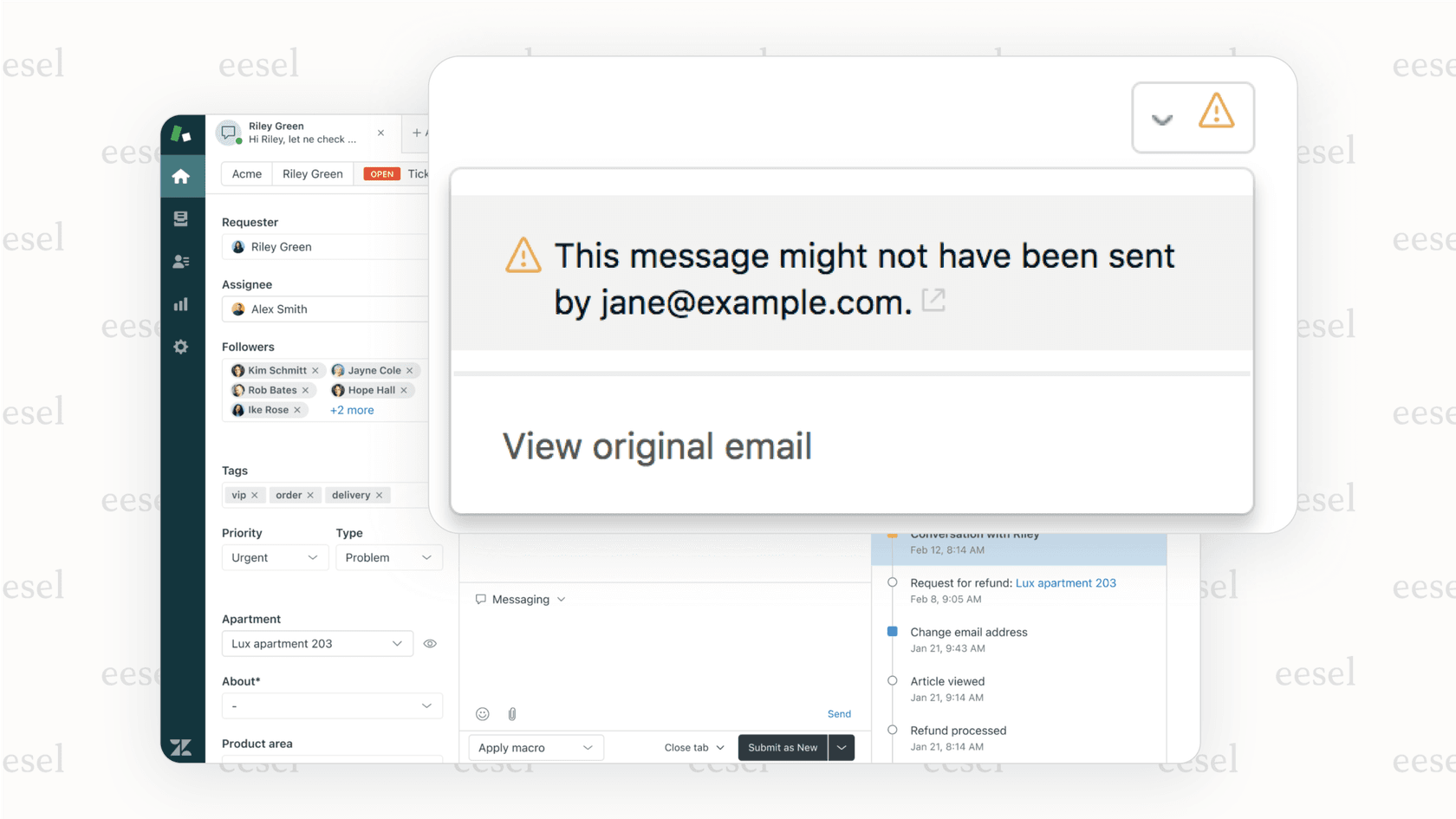Screenshot of an AI for compliance monitoring tool highlighting a message in a support ticket where an agent made a non-compliant promise to a customer.