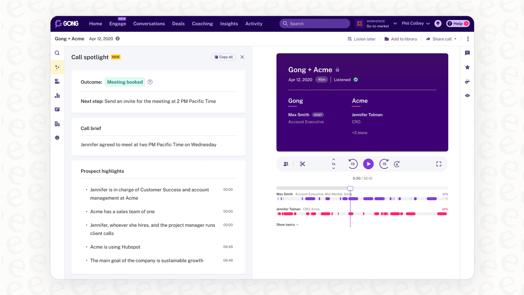 Screenshot showing an AI-powered summary, key topics, and action items produced by the Gong AI notetaker after a meeting.