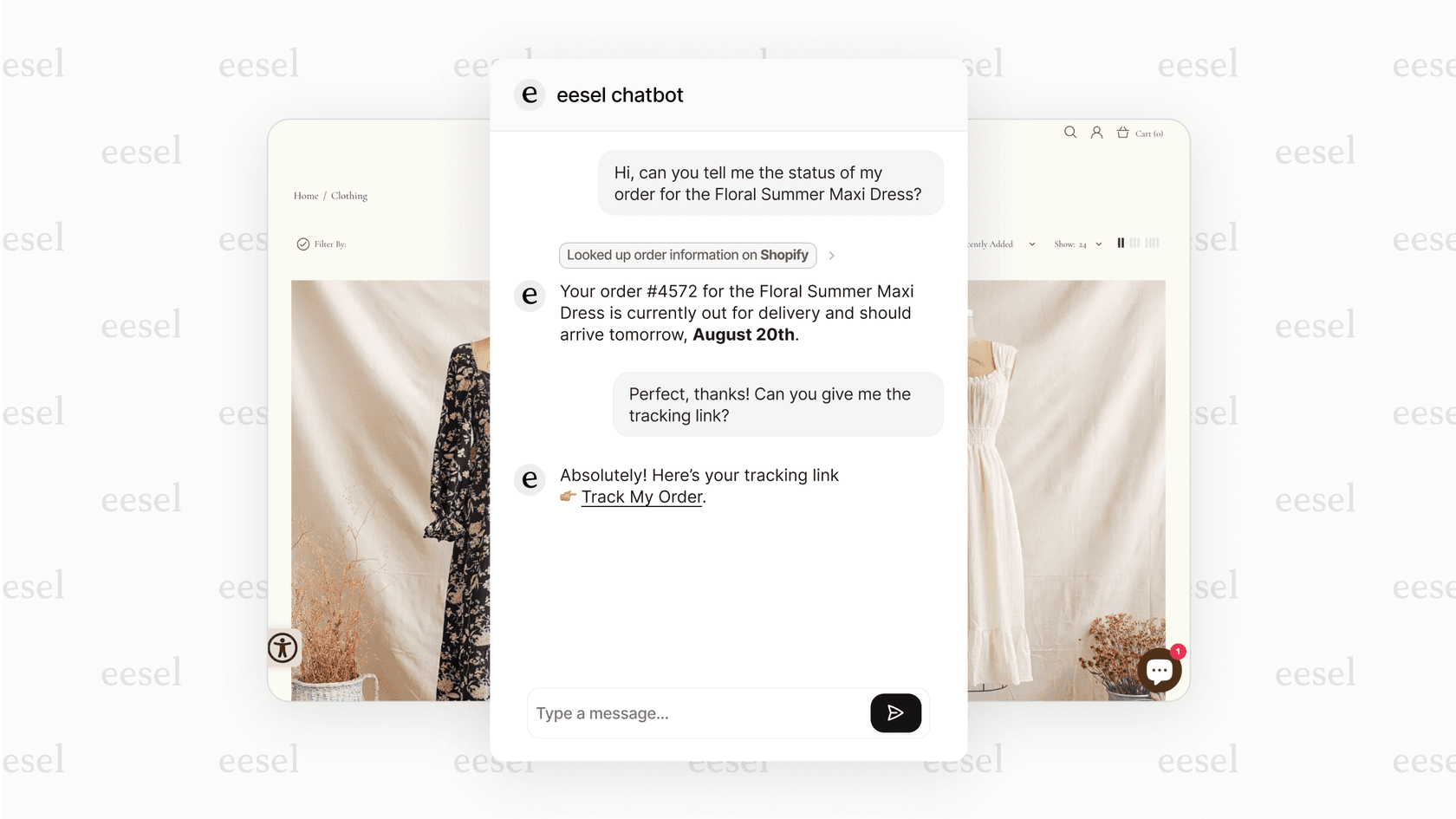 An example of AI in CX where an AI agent correctly answers a specific question about an order by accessing connected company knowledge.