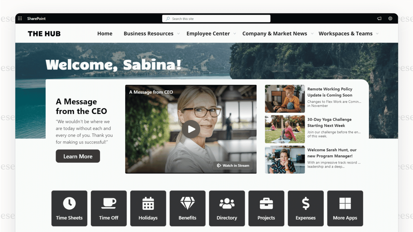 Screenshot of a SharePoint company intranet homepage, a factor to consider in SharePoint pricing plans.