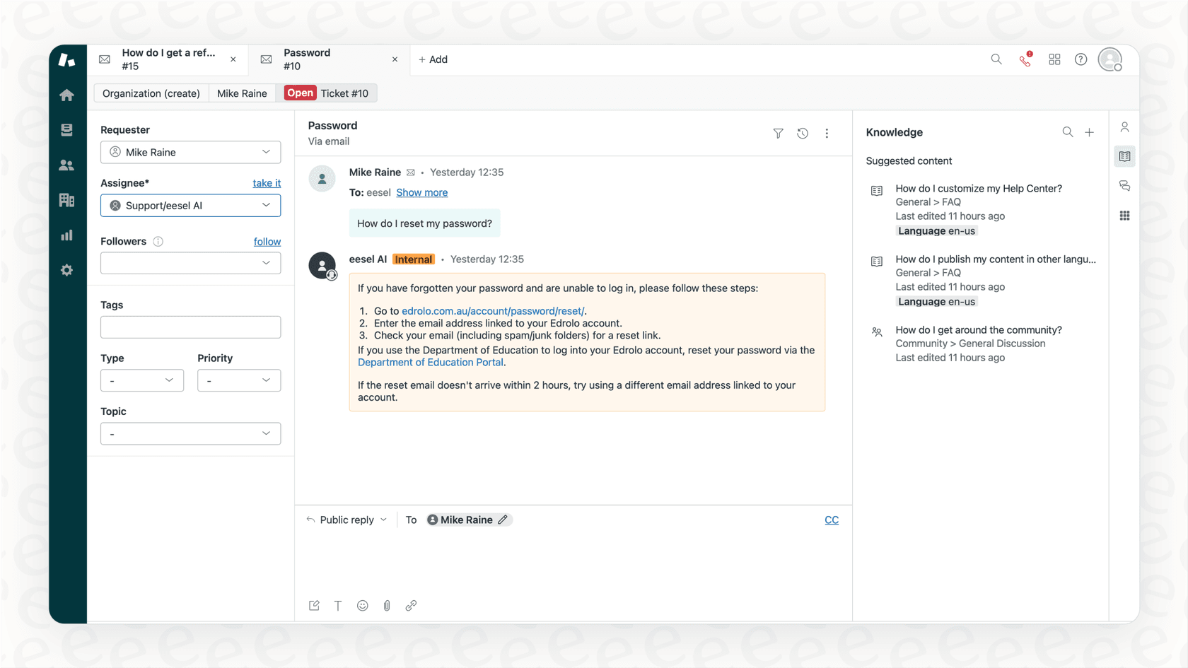 Screenshot showing a modern, conversational chatbot for service desk helping an employee with an access issue.