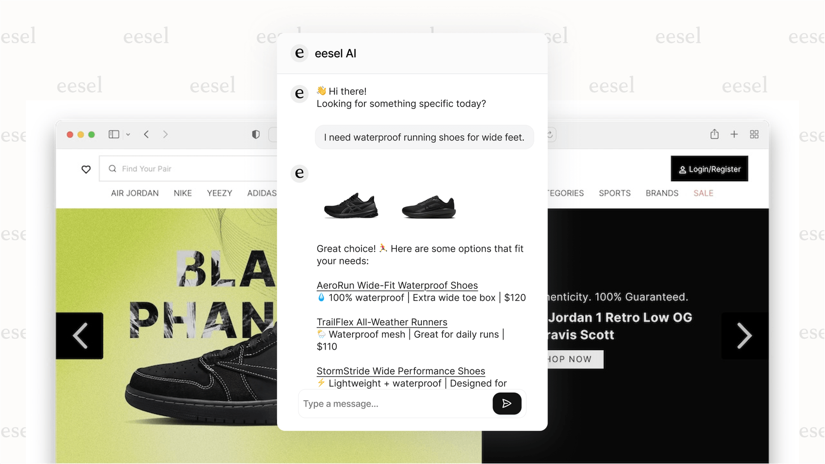 Screenshot zeigt einen Cart GPT-Chatbot, der einem Käufer hilft, die perfekten Laufschuhe basierend auf seinen spezifischen Bedürfnissen für Trailrunning und breite Füße zu finden.