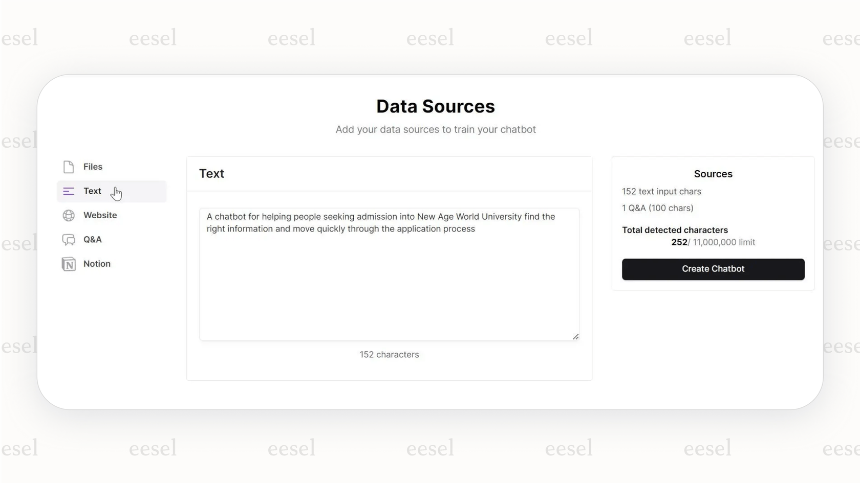 Screenshot of the Chatbase UI where users add data sources, which is a core feature included in the Chatbase pricing plans.::
