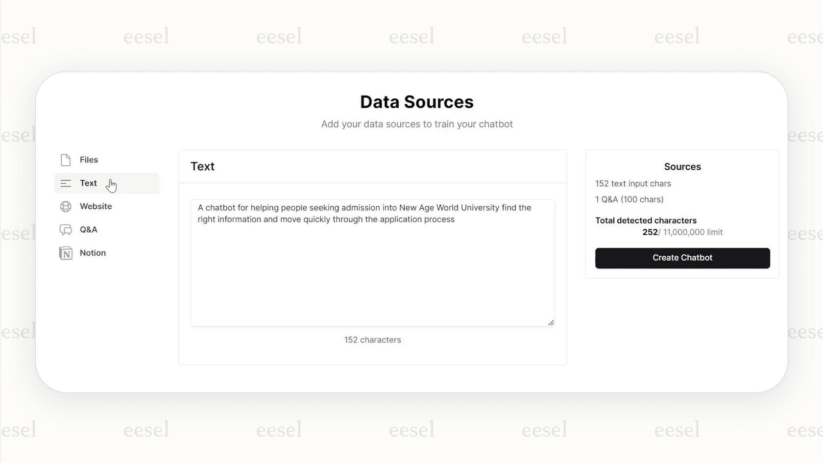 Screenshot of the Chatbase UI where users add data sources, which is a core feature included in the Chatbase pricing plans.::
