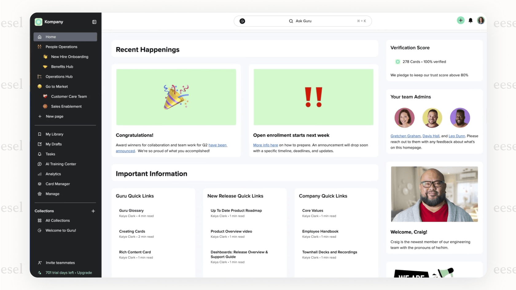 Screenshot of the Guru user interface, which is a factor in the overall Guru pricing structure, showing the wiki and intranet features.