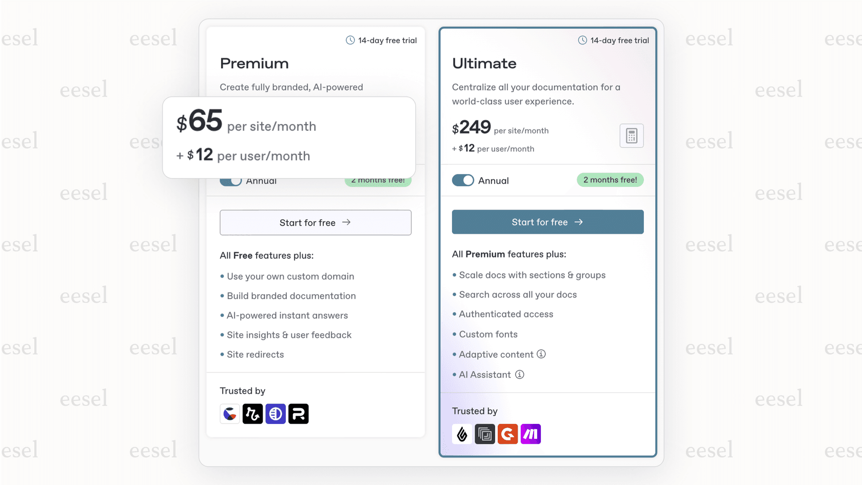 A screenshot of the GitBook pricing page, showing the side-by-side Site plans and User plans to explain how the total GitBook pricing is calculated.
