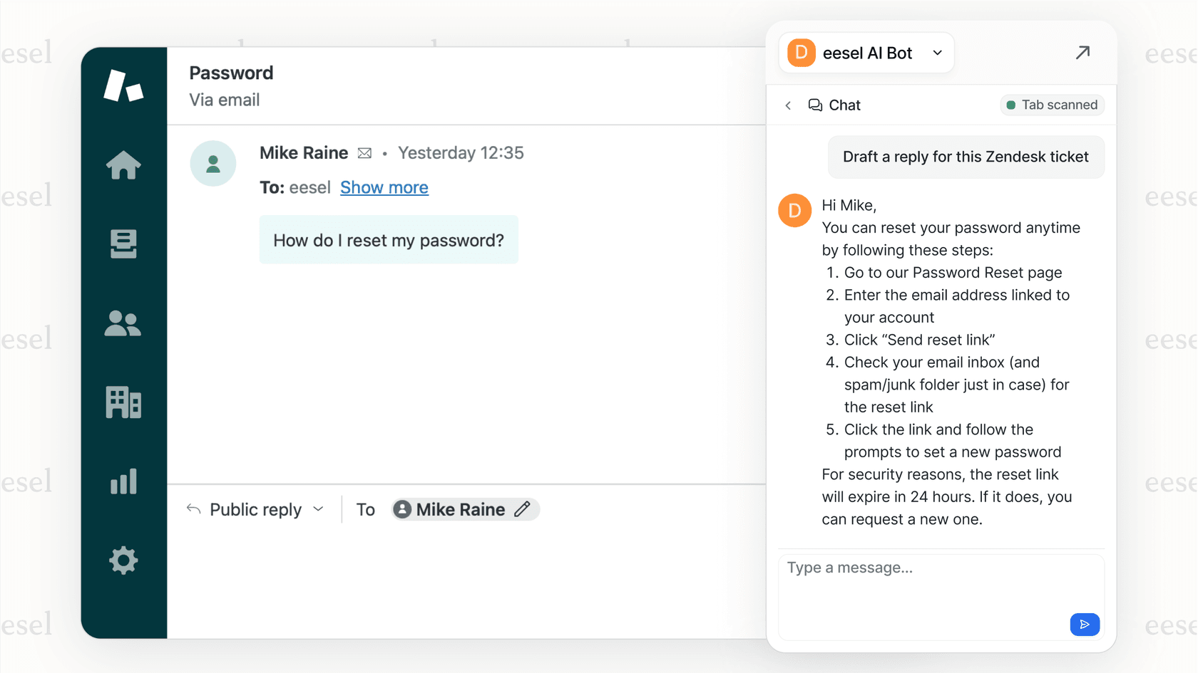 The eesel AI Copilot interface shown inside a Zendesk ticket, demonstrating why it's the best AI for writing for support teams.