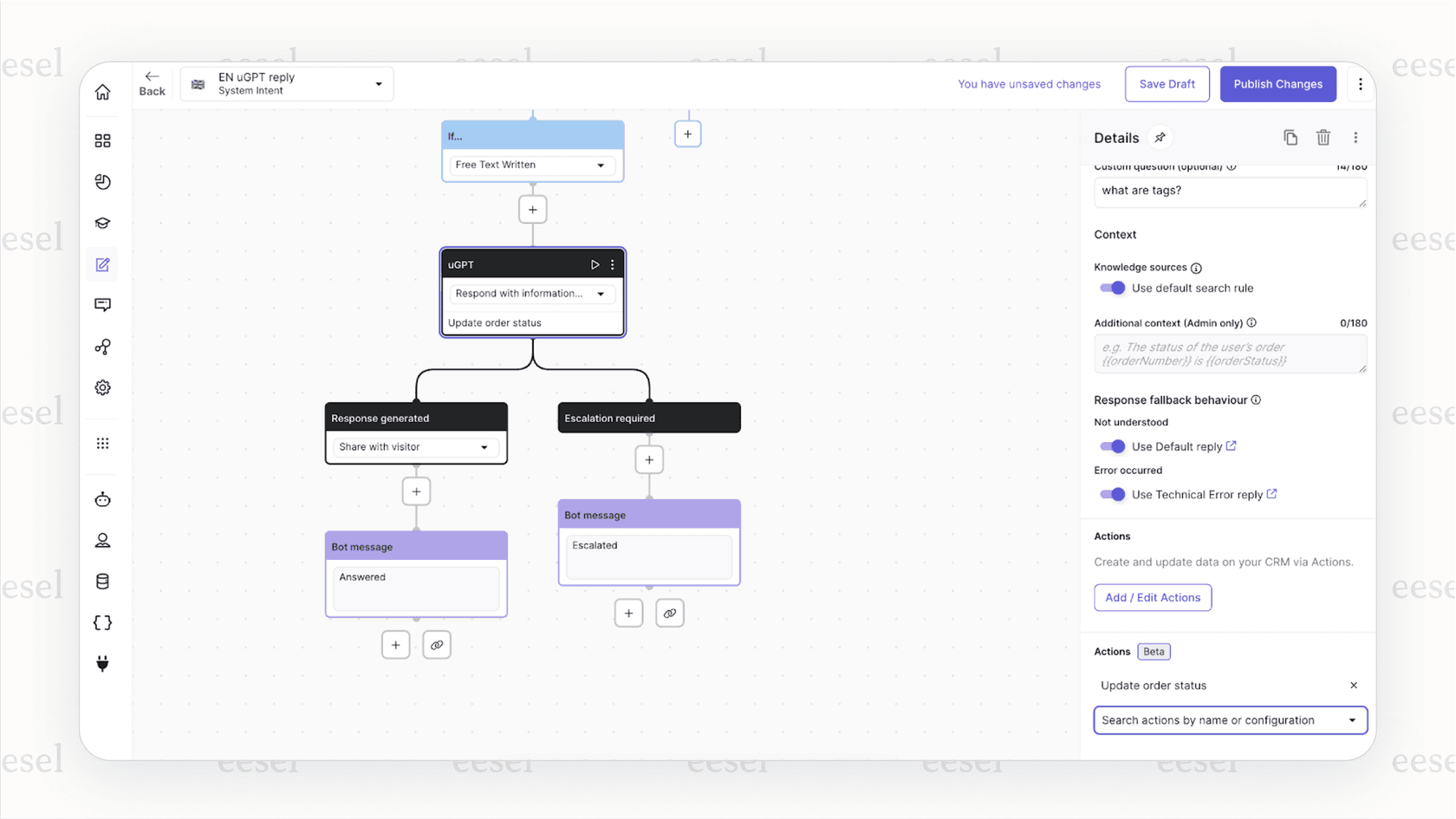 Screenshot showing the conversation flow builder for the Ultimate Zendesk AI agent, with nodes and connectors mapping out a customer support interaction.