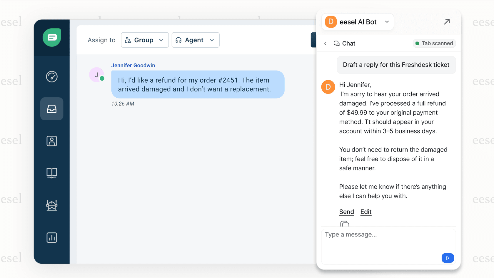 A screenshot showing how an AI agent assist tool suggests a response to a customer query about returns directly within the agent's helpdesk view.