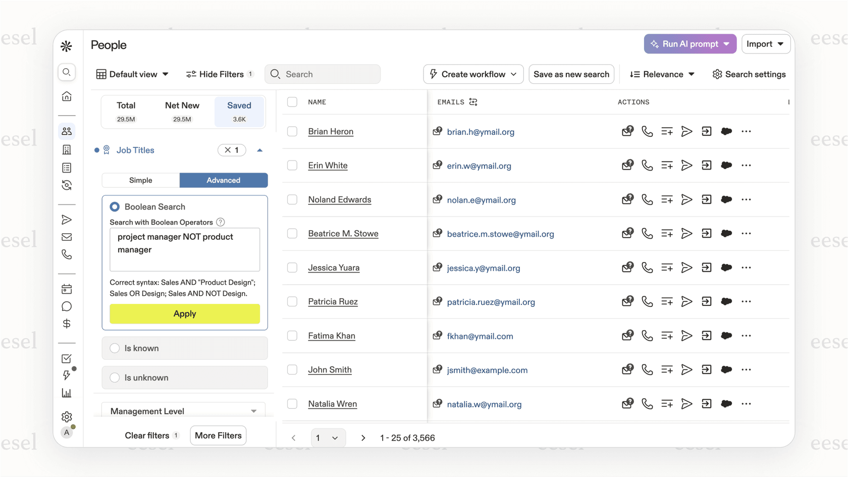 A screenshot of the Apollo AI search interface showing various filters like industry, location, and job title used to build a targeted lead list.