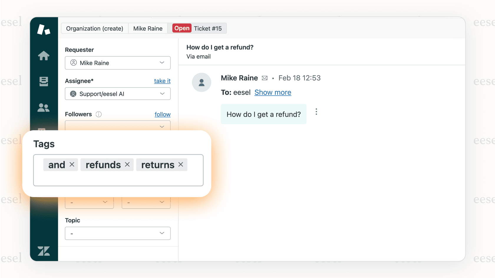 Enrutamiento automatizado de tickets con servicio al cliente de IA en un centro de ayuda.