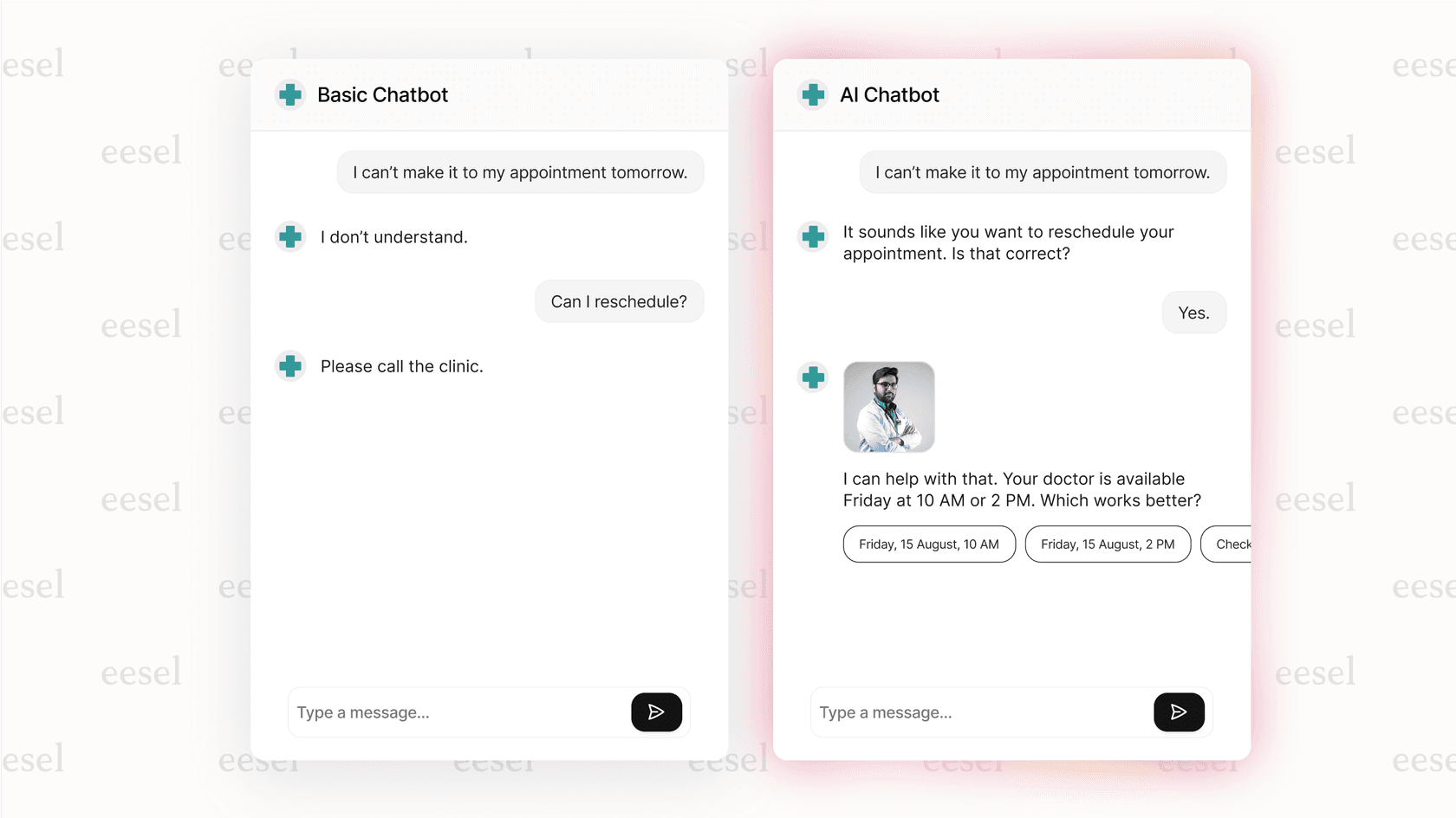 A screenshot demonstrating the advanced capabilities of conversational AI for healthcare compared to older chatbots.