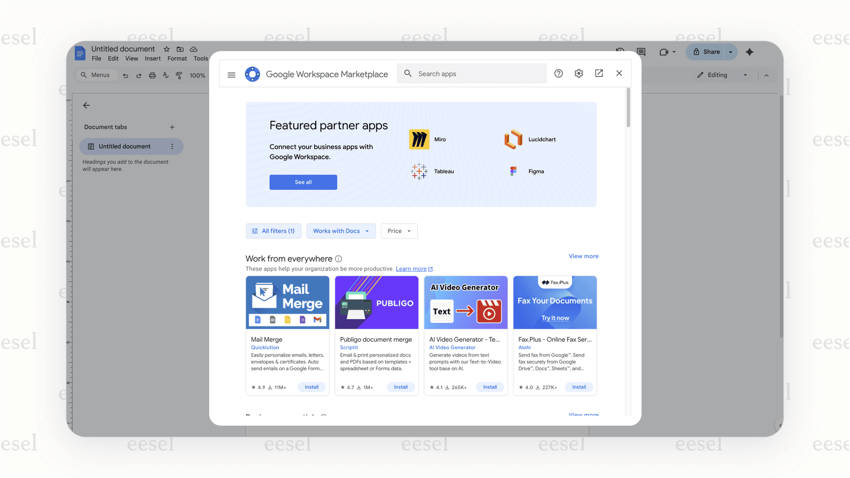 A user clicking on the Extensions menu in a Google Doc to access various Google Docs apps and add-ons.