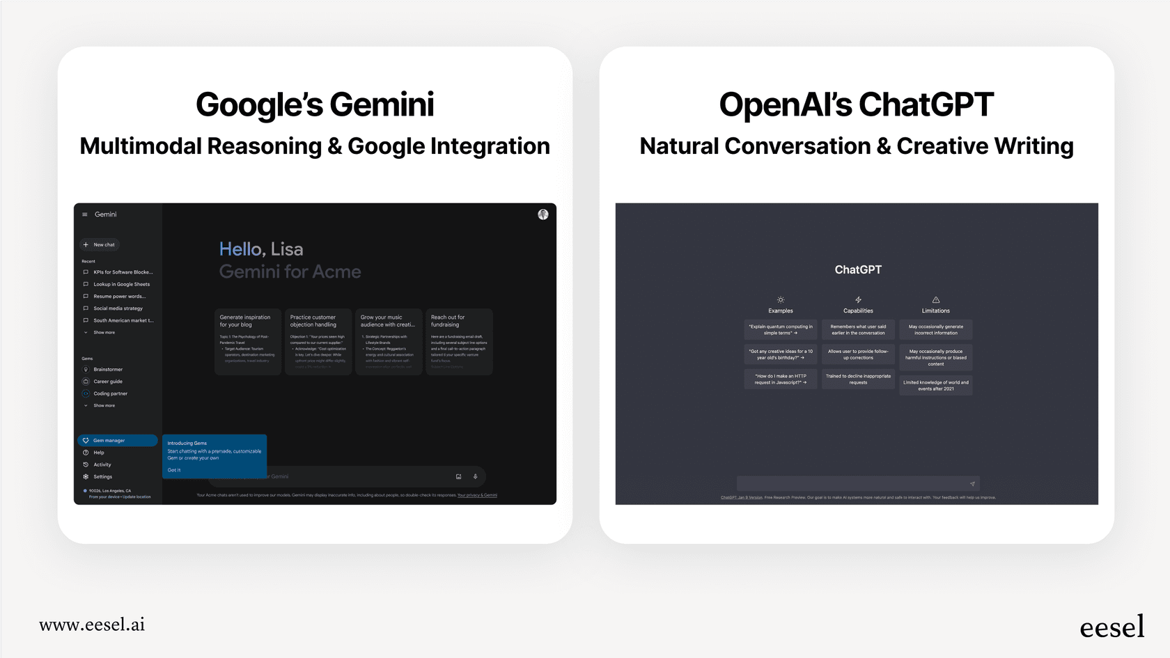 An infographic providing a high-level overview of the Gemini vs ChatGPT debate, comparing their developers and core strengths.