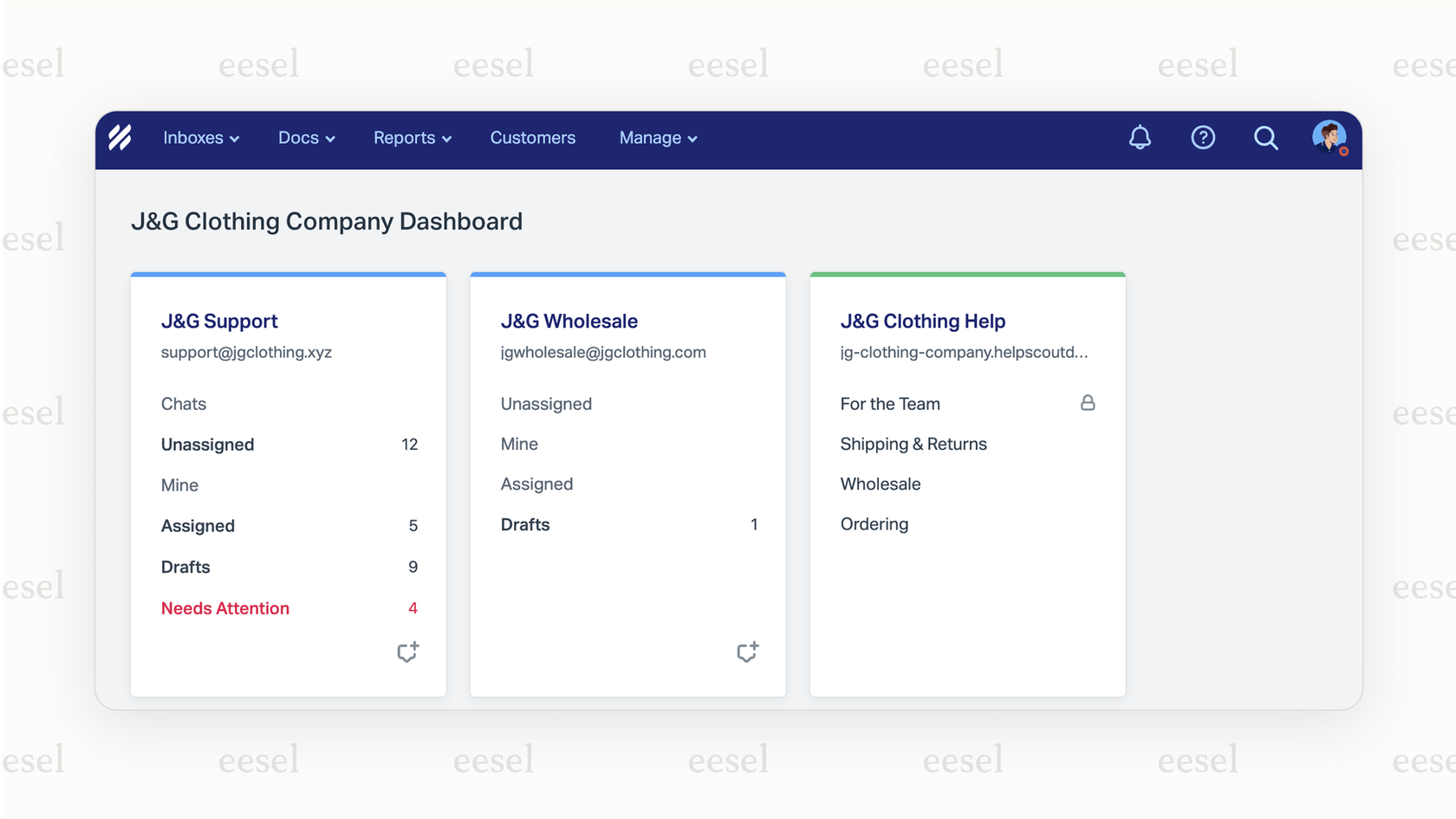 Help Scoutの詳細なレビューの一環として、Help Scoutのメインダッシュボードインターフェースのスクリーンショット。