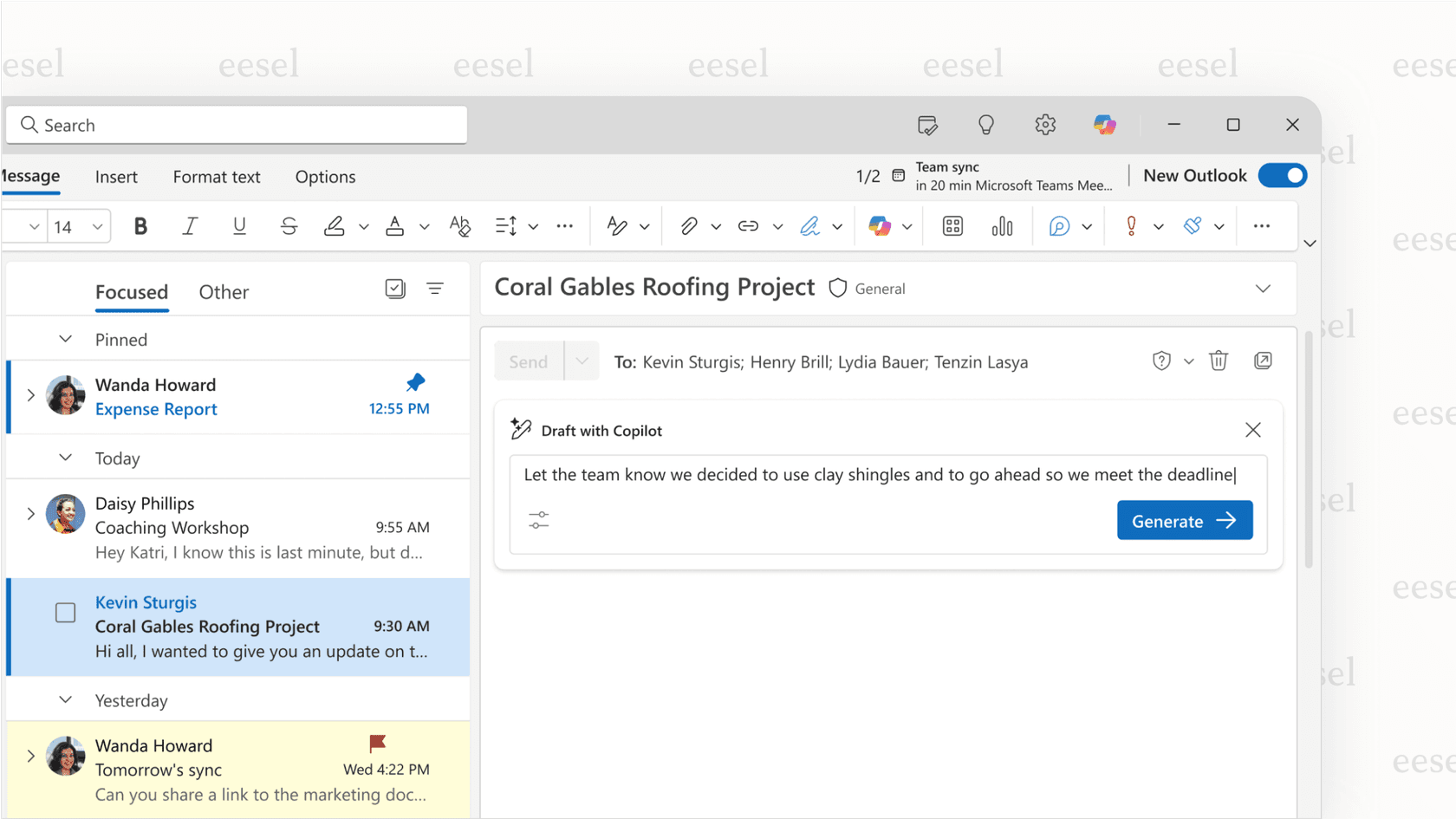 Recursos do Microsoft Copilot para IA no email do Outlook.