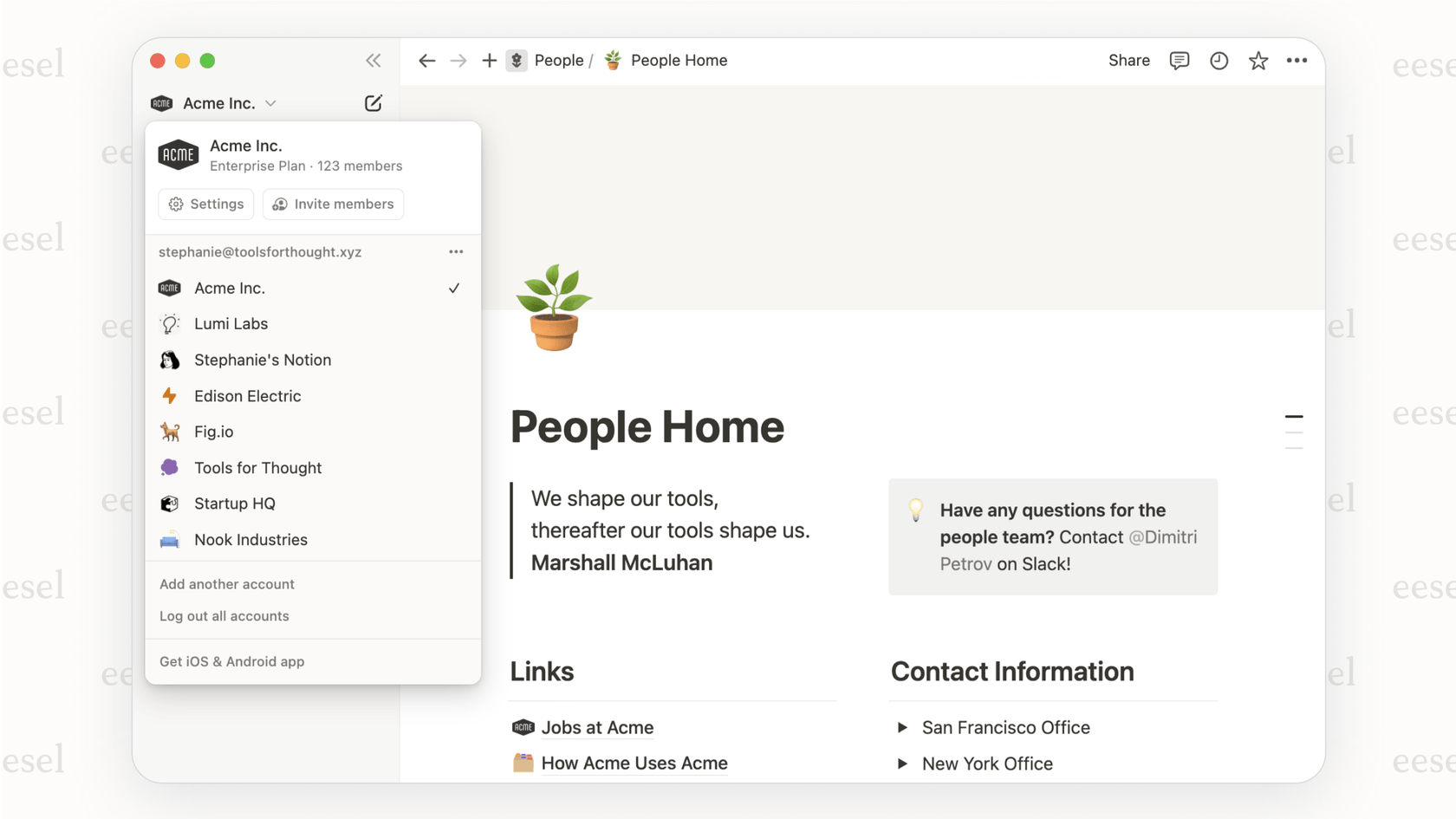 Screenshot des Notion-Arbeitsbereichs, der Seiten, Blöcke, Datenbanken und Teamspaces zeigt, die Schlüsselkomponenten sind, die die Preisgestaltung von Notion beeinflussen.