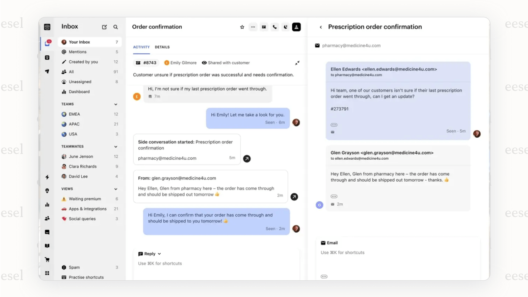 プロフェッショナルプランのFrontの価格設定が複数のチャネルをどのように処理するかを示すオムニチャネルインボックスビューのスクリーンショット。